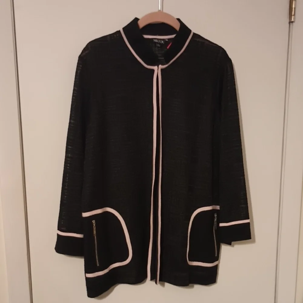 Misook Black W/Pale Pink Trim Knit Zipper Pocket Cardigan Size Large - Picture 1 of 9